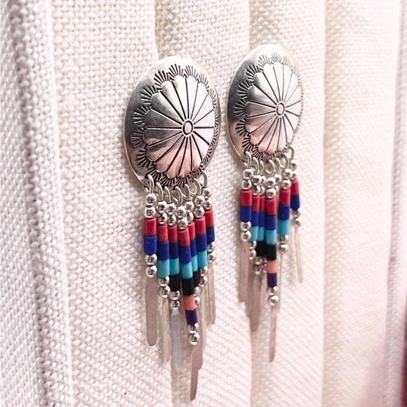 Vintage Sterling Silver Concho Fringe Earrings with Multi-Color Beads - Picture 3 of 9